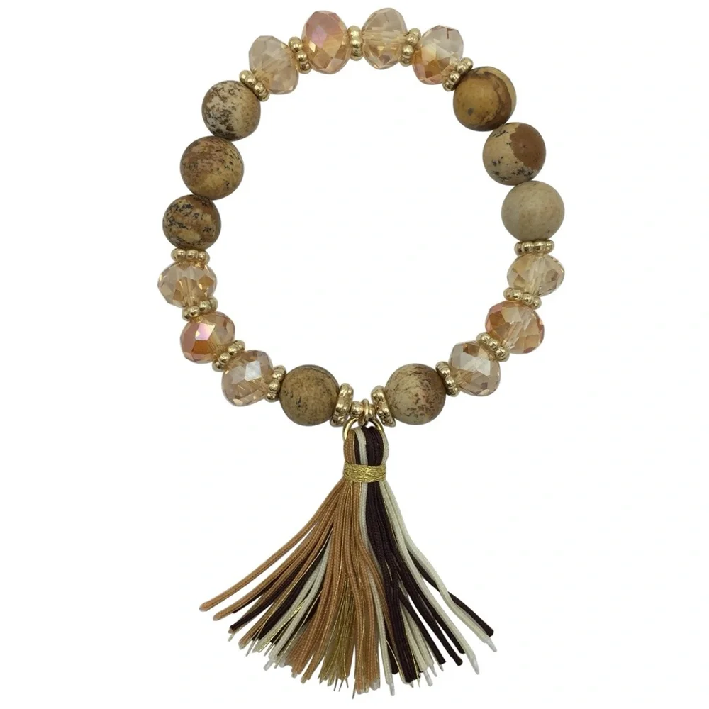 Brown Genuine Stone & Glass Beaded Tassel Stretch Bracelet